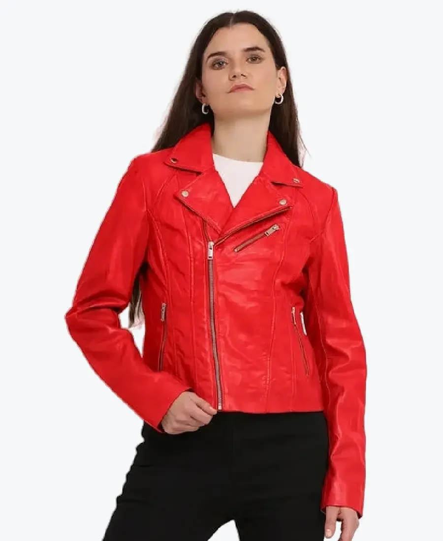 Women Yvonne Red Leather Biker Jacket - Rare Jackets
