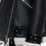 Women’s Black Biker Shearling Jacket Closeup