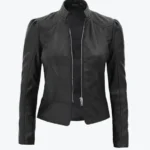 Women’s Black Stylish Leather Jacket Front - Rare Jackets