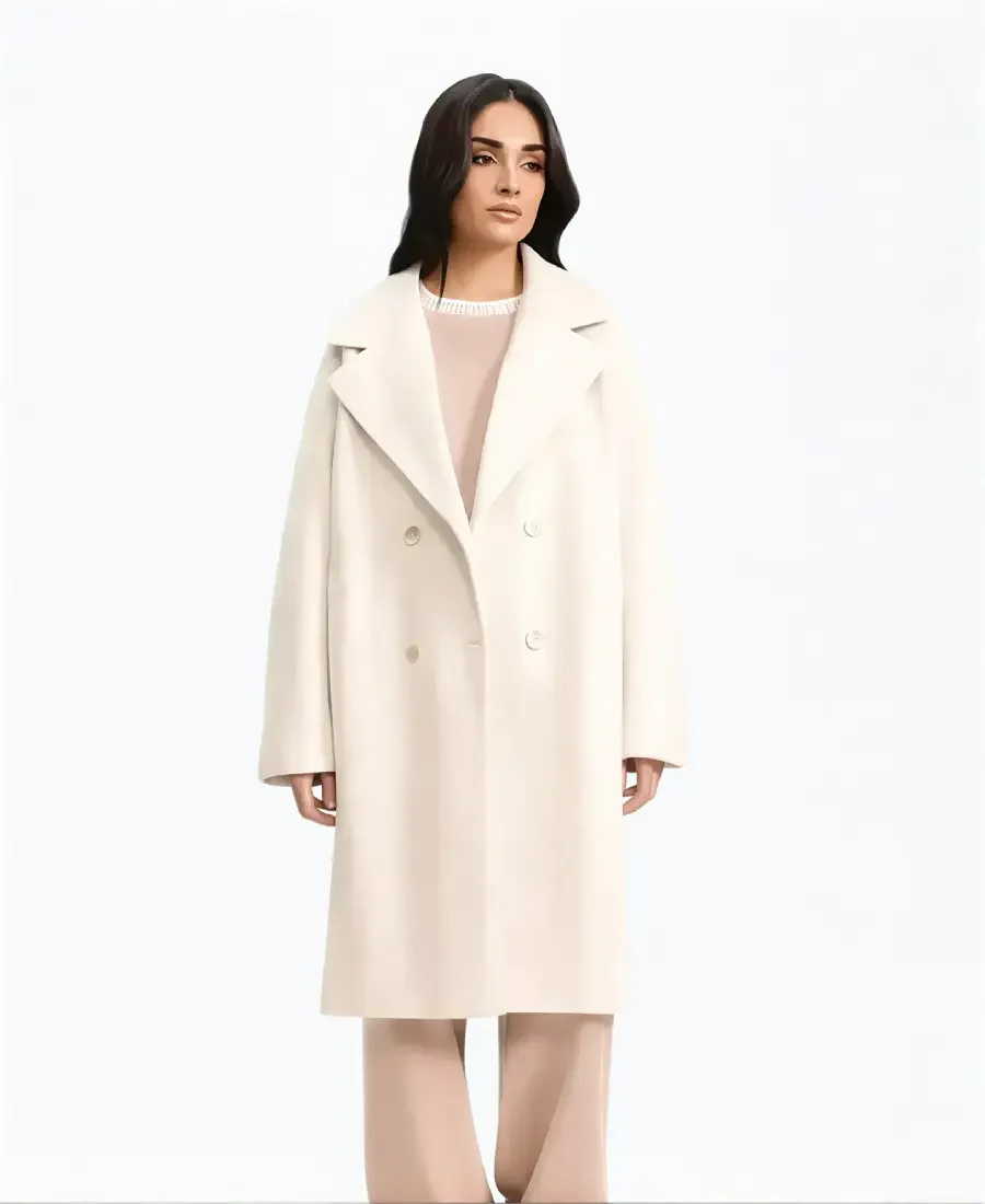 Women's Cream Double Breasted Wool Coat Front