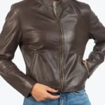 Women’s Dark Brown Leather Biker Jacket front - Rare Jackets