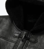 Men's Black Hooded Sheepskin Leather Long Coat Collar