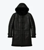 Men's Black Hooded Sheepskin Leather Long Coat Front
