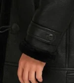 Men's Black Hooded Sheepskin Leather Long Coat Sleeves