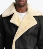 Men's Black Shearling Lambskin Leather Long Coat Collar