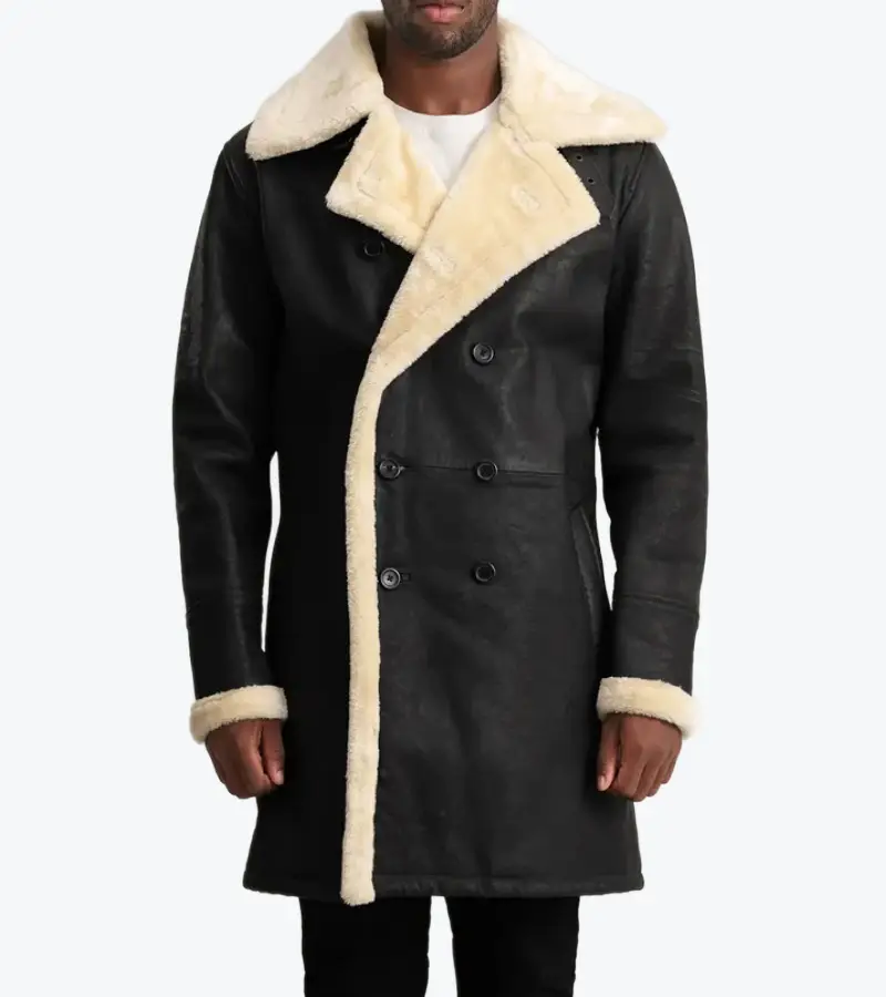 Men's Black Shearling Lambskin Leather Long Coat