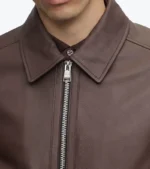 Men’s Brown Lambskin Leather Jacket Collar Closeup