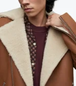 Men's Brown Sheepskin Leather Biker Jacket Collar