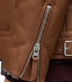 Men's Brown Sheepskin Leather Biker Jacket Sleeves Closeup