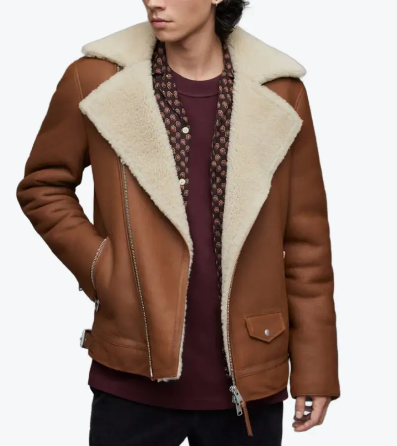 Men's Brown Sheepskin Leather Biker Jacket
