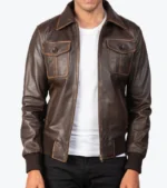 Men's Dark Brown Sheepskin Leather Bomber Jacket