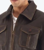 Men's Dark Brown Sheepskin Leather Bomber Jacket Collar