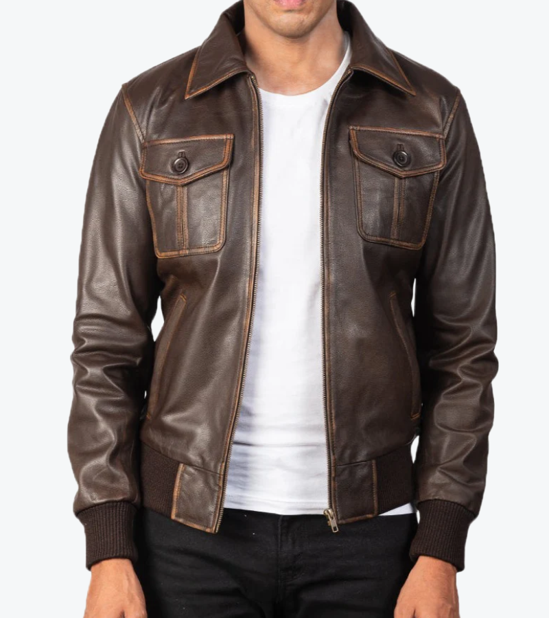 Men's Dark Brown Sheepskin Leather Bomber Jacket
