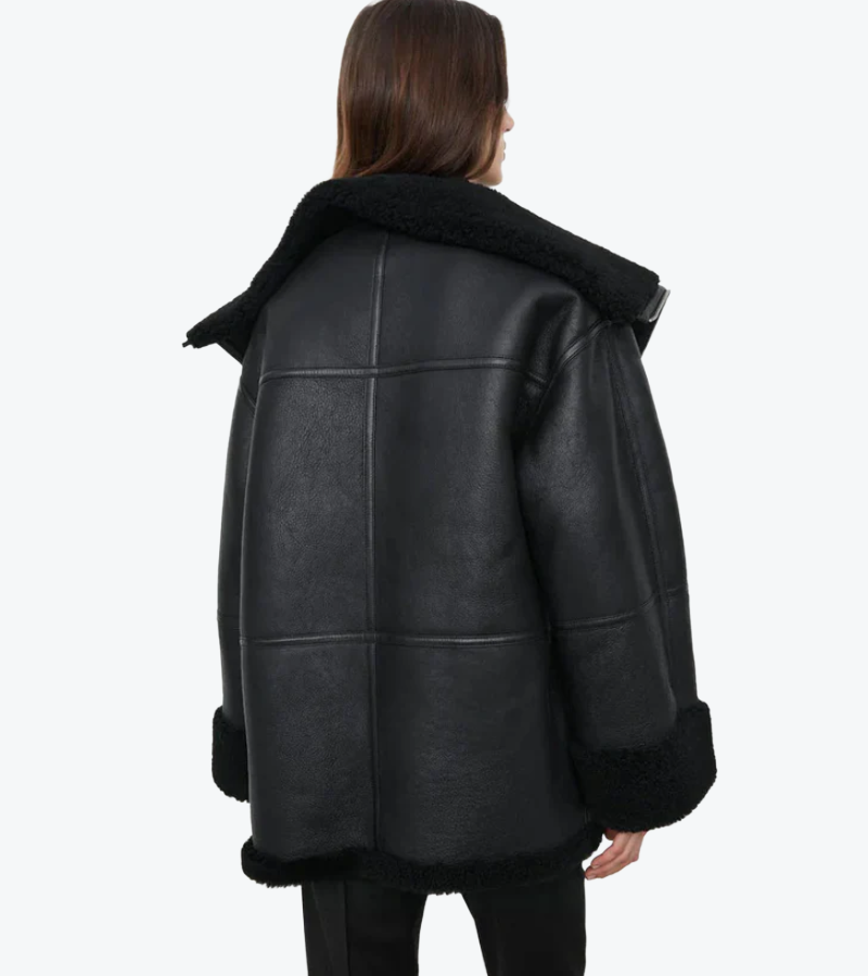 Shop the Women's Black Oversized Lambskin Leather Jacket Back