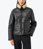 Women's Black Lambskin Leather Bomber Jacket Front