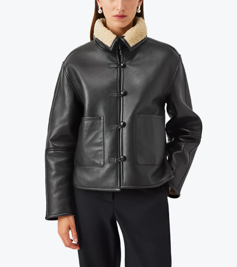 Women's Black Lambskin Leather Bomber Jacket Front