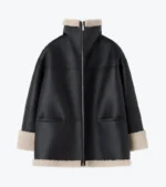 Women's Black Shearling Leather Oversized Jacket