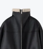 Women's Black Shearling Leather Oversized Jacket Collar