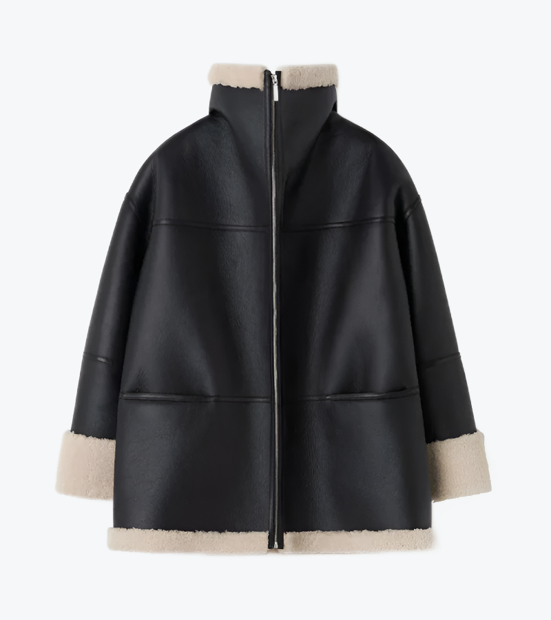 Women's Black Shearling Leather Oversized Jacket