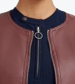 Women's Brown Quilted Sheepskin Leather Jacket Collar