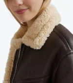 Women's Brown Shearling Leather Bomber Jacket Collar