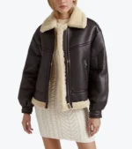 Women's Brown Shearling Leather Bomber Jacket Front