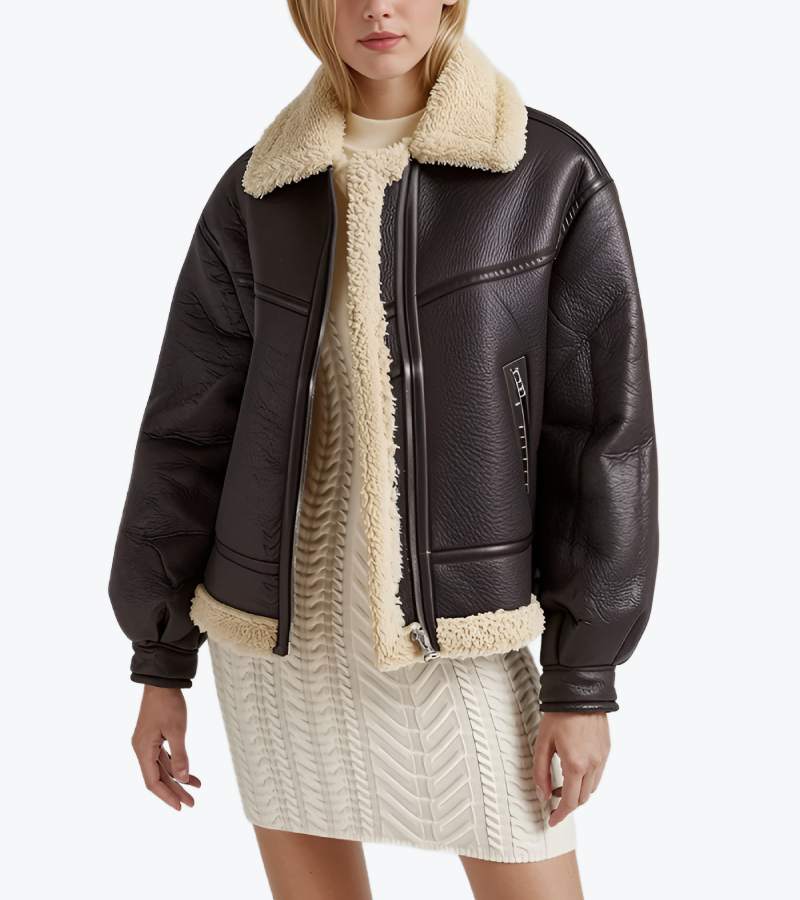 Women's Brown Shearling Leather Bomber Jacket Front