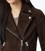 Women's Brown Suede Leather Biker Jacket Collar