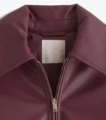 Women's Burgundy Oversized Bomber Leather Jacket Collar