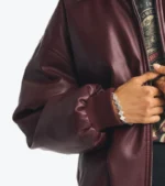 Women's Burgundy Oversized Bomber Leather Jacket Cuffs
