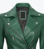 Women's Green Lambskin Leather Cafe Racer Jacket Collar