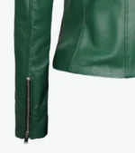 Women's Green Lambskin Leather Cafe Racer Jacket Sleeves