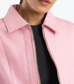 Women's Pink Lambskin Leather Biker Jacket Collar