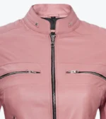 Women's Pink Sheepskin Leather Biker Jacket Collar