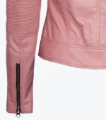 Women's Pink Sheepskin Leather Biker Jacket Sleeves