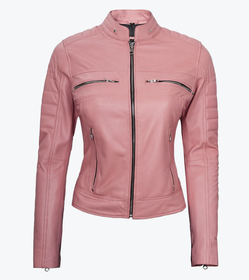 Women's Pink Sheepskin Leather Biker Jacket