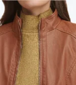 Women's Quilted Brown Sheepskin Leather Jacket Collar